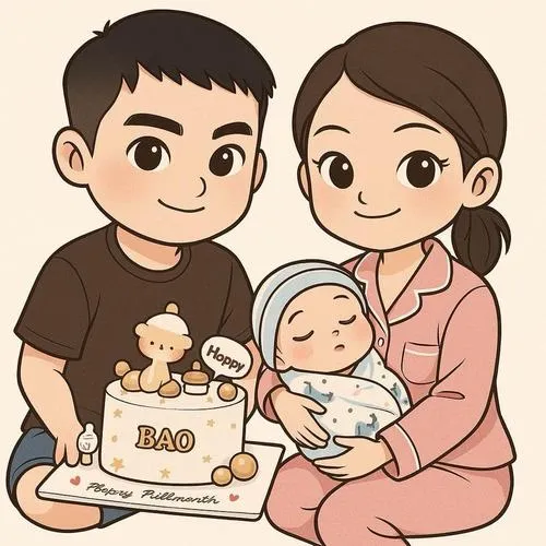 Cả nhà chụp ảnh kiểu cưới, bé cười giữa, nền trời rộng, cảm giác hạnh phúc nhẹ nhàng