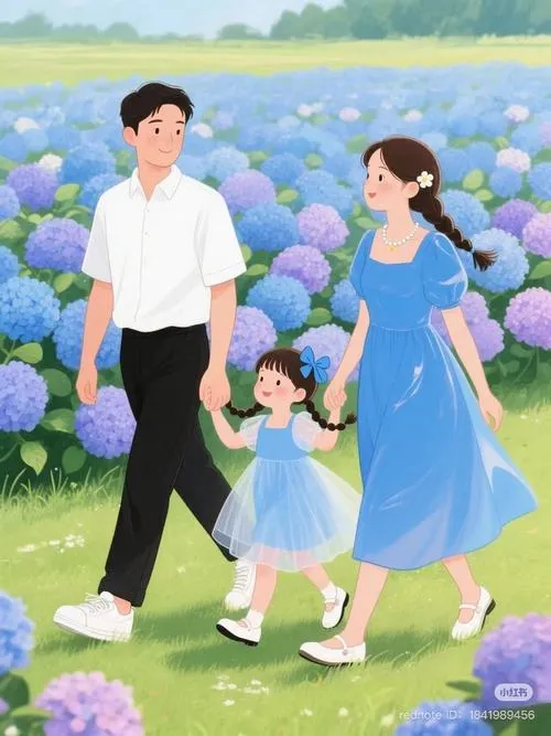 Gia đình ba người đi dạo ven biển, gió nhẹ, màu xanh mát, dáng đứng tự nhiên đáng yêu