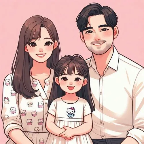 Bố mẹ khoác vai nhau, bé đứng trước, nền hồng phấn, nét vẽ mượt và sáng gương mặt