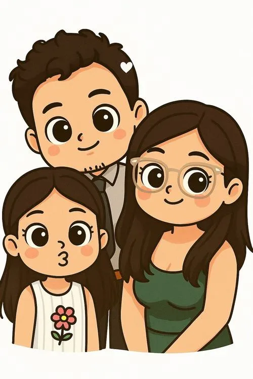 Bố mẹ ngồi hai bên, bé ở giữa, nền trơn tối giản, nhấn tình cảm bằng cử chỉ ôm