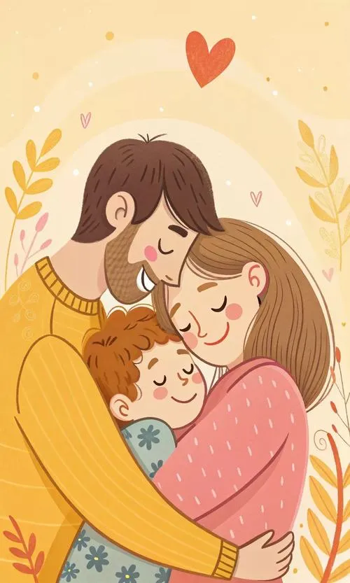 Cả nhà mặc áo thun trắng, tóc gọn gàng, nụ cười sáng, phù hợp làm ảnh đại diện