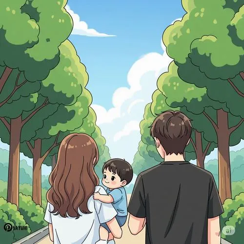 Gia đình ba người chụp sau lưng, tay nắm tay, nền hoa đào, cảm giác bình yên dài lâu