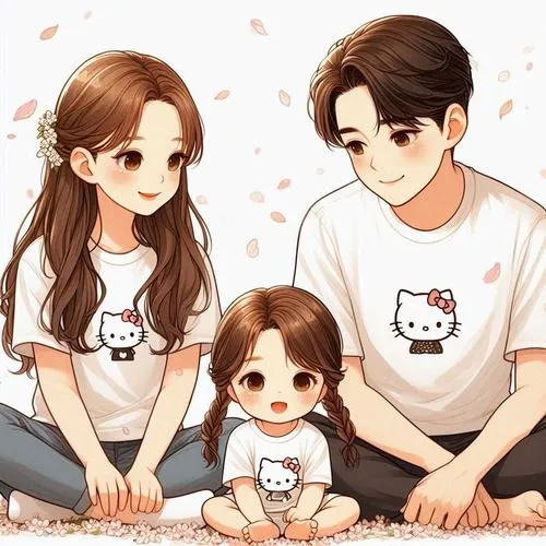 Ba người dạo công viên, bé nắm tay bố mẹ, cỏ xanh rực, nét vẽ mềm và trong trẻo