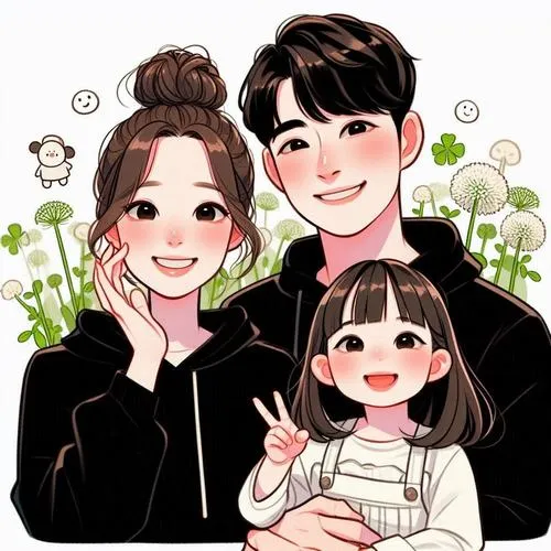 Gia đình ba người bên khung cửa, nắng vàng đổ nhẹ, nét vẽ mịn, không khí rất nhà