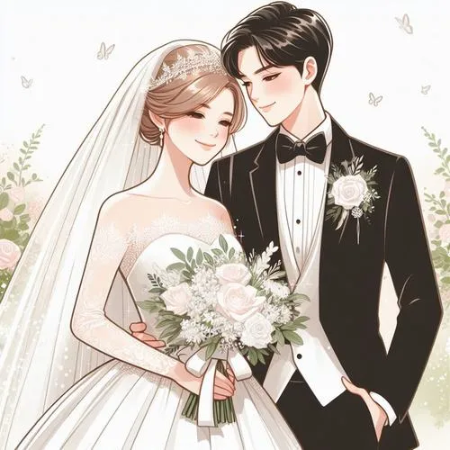 Khung minh họa cô dâu chú rể dáng thanh, bó hoa trắng xanh, nền sáng sang trọng