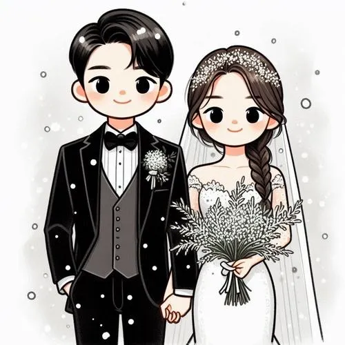 Hình chibi đầu to mặc tuxedo và váy cưới, đứng sát nhau, nền chấm xám nhẹ