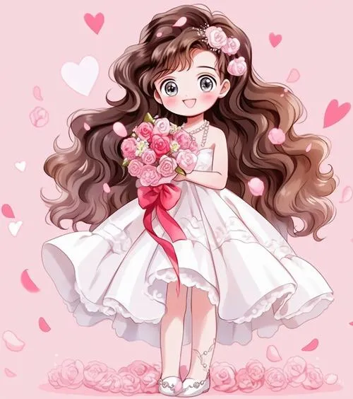 Ảnh chibi cô dâu một mình váy phồng, ôm hoa hồng, nền tim nhỏ màu hồng