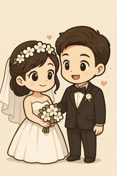 Bức chibi cô dâu chú rể kiểu đơn giản, váy trắng cổ điển, màu be ấm áp