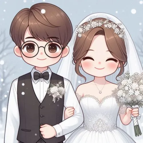 Hình cận đôi chibi, chú rể đeo kính nơ, cô dâu cười tươi, nền tuyết trắng