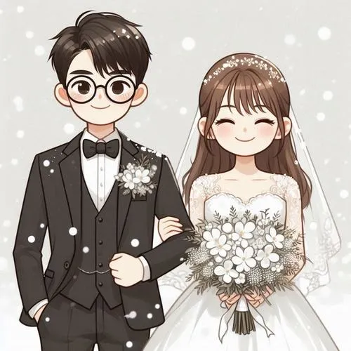 Ảnh chibi cô dâu chú rể đứng nghiêng, chú rể kính tròn, bó hoa trắng tinh khôi