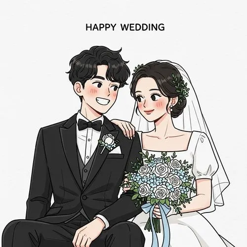 Tranh Happy Wedding, cô dâu chú rể ngồi cạnh, nét vẽ sạch, hợp thiệp cưới