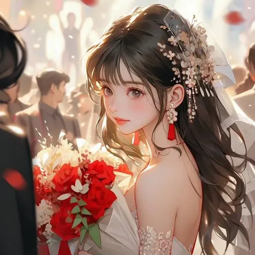 Hình chân dung cô dâu phong cách anime, hoa đỏ rực, ánh đèn bokeh lung linh