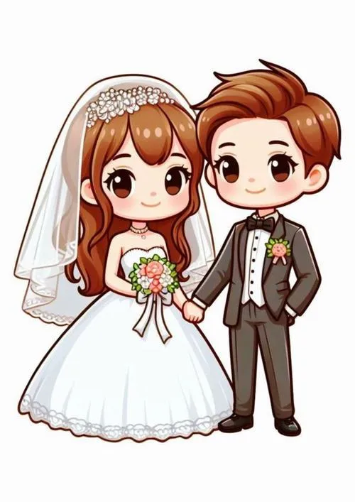 Ảnh chibi cô dâu chú rể mini, cô dâu cầm hoa, nền trắng gọn gàng dễ in