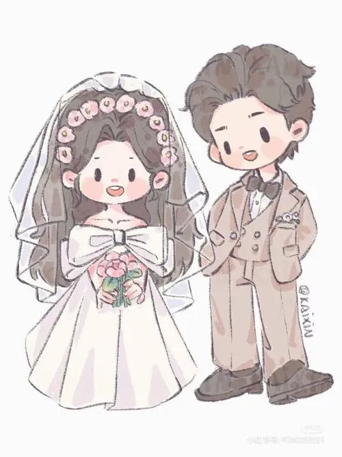 Bức chibi tông xám nhẹ, cô dâu chú rể đứng yên, cảm giác dịu và hoài niệm