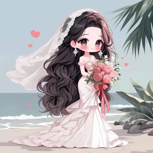 Hình chibi cô dâu bên biển, tóc dài bay nhẹ, cầm hoa hồng, nền trời xanh