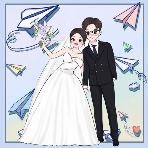Tranh cô dâu chú rể tạo dáng cùng máy bay giấy, nền xanh, cảm giác trẻ trung