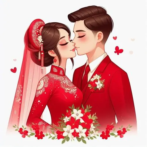 Hình chibi hôn nhau trong đồ đỏ cưới, tim bay quanh, không khí ngọt ngào