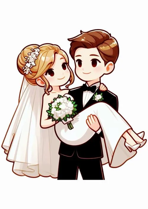 Ảnh chú rể bế cô dâu kiểu chibi, cô dâu ôm hoa, vibe hạnh phúc rộn ràng