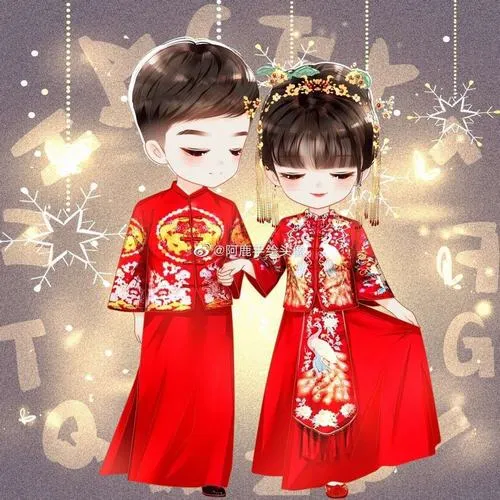 Ảnh chibi cô dâu chú rể mặc đồ đỏ truyền thống, nền sao lấp lánh rất vui