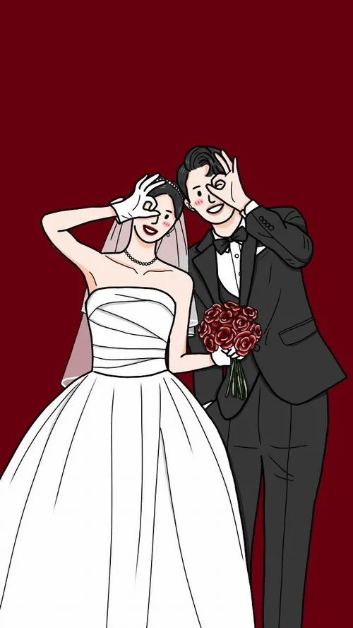 Bức vẽ tối giản nền đỏ, cô dâu chú rể đứng cạnh, đường nét tinh gọn hiện đại