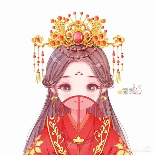 Hình chibi cô dâu đội mấn đỏ cầu kỳ, họa tiết vàng, đậm chất cưới truyền thống