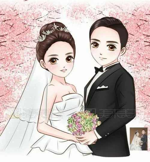 Bức cô dâu chú rể kiểu bán thực, nền hoa anh đào hồng, cầm bó hoa tinh tế