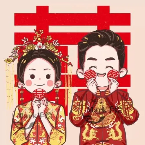 Hình chibi cưới tông đỏ, chữ hỷ lớn, đôi bạn che miệng cười ngại ngùng