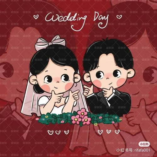 Ảnh postcard Wedding Day, chibi cô dâu chú rể má hồng, nền đỏ có họa tiết tim