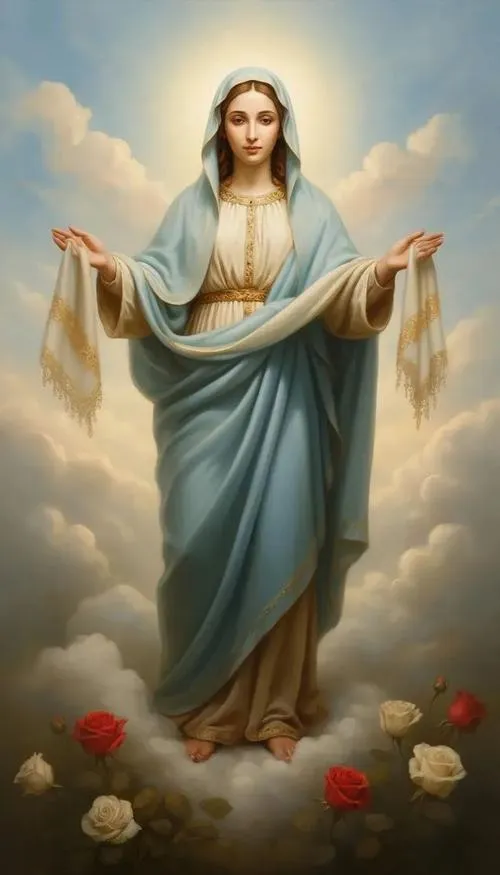 Thánh Gioan nâng hoa hồng dưới vầng sáng thiêng liêng