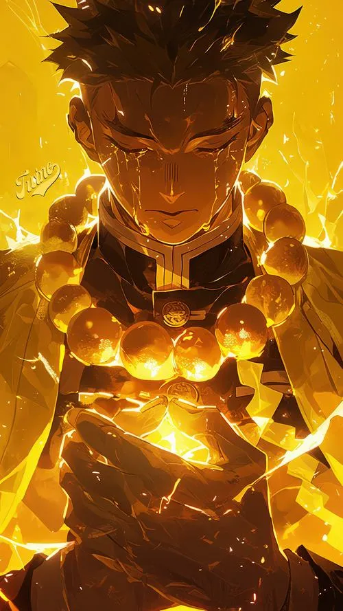 Hình đẹp Gyomei phát sáng vàng kim, dáng chắp tay, ánh viền mạnh, vibe trang nghiêm tĩnh lặng