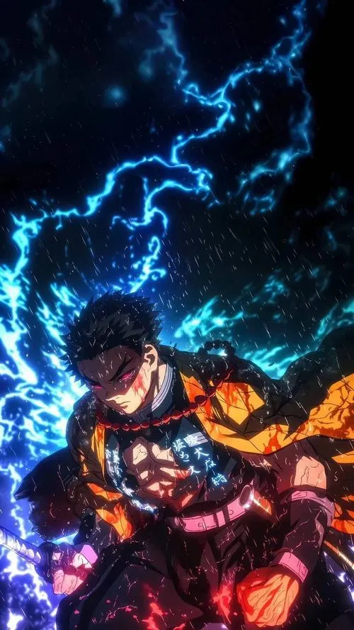 Ảnh 4K Gyomei crouch giữa sấm xanh và lửa đỏ, nền tối sâu, cảm giác bền bỉ khó gục