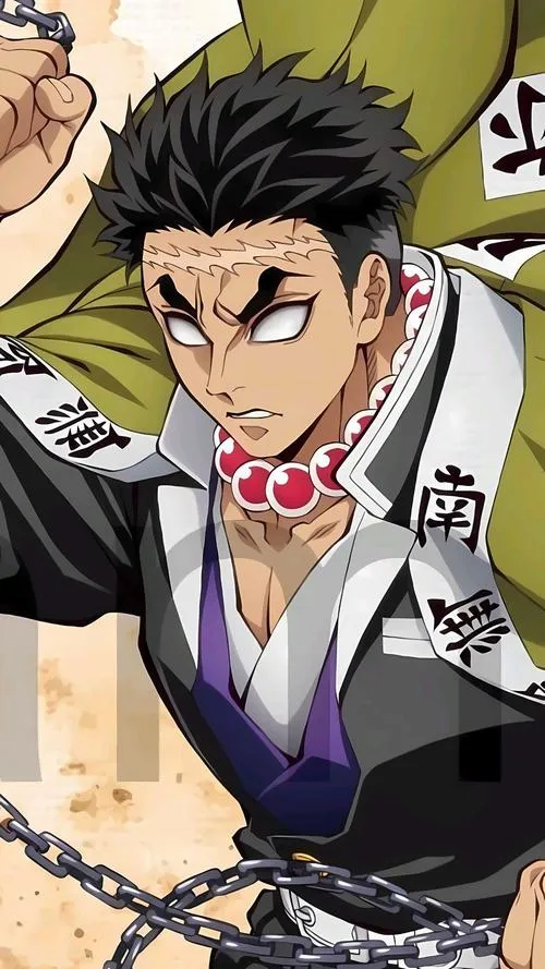 Hình anime Gyomei nghiêng người gằn giọng, tràng hạt rung, haori mở, cảm xúc quyết chiến rõ