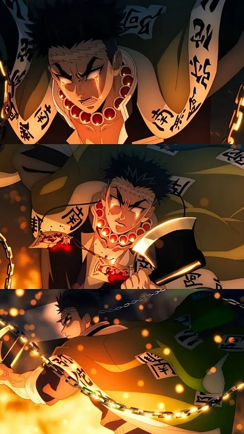 Ảnh Fanart collage Gyomei trong nhiều khung cảnh lửa, đá, bóng tối, nhịp ảnh dồn dập