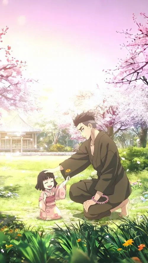 Hình nền Gyomei ngồi với đứa trẻ dưới hoa anh đào, ánh sáng dịu, toát lên lòng trắc ẩn