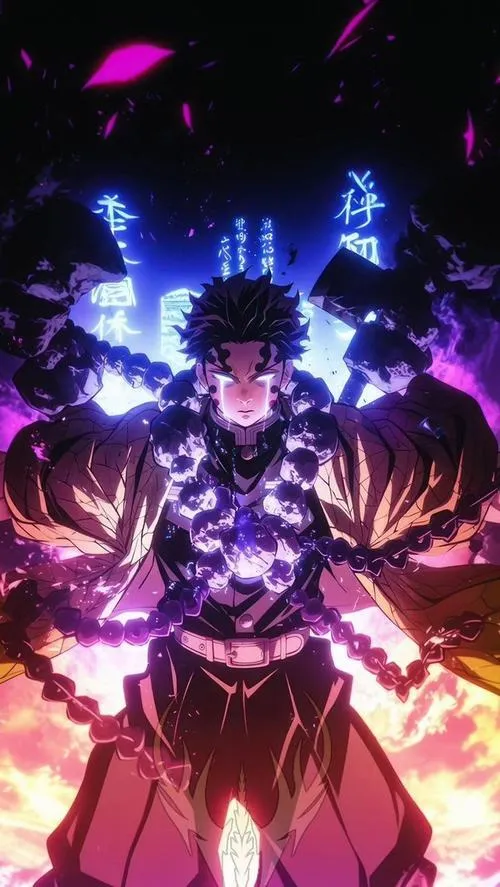 Ảnh ngầu Gyomei bùng năng lượng tím, đứng thẳng như tảng đá sống, ánh mắt lạnh mà chắc