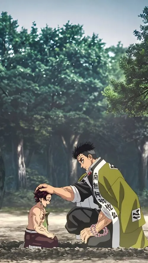 Hình đẹp Gyomei quỳ cạnh đứa trẻ giữa rừng xanh, ánh nắng nhẹ, cảm giác bảo vệ rất rõ