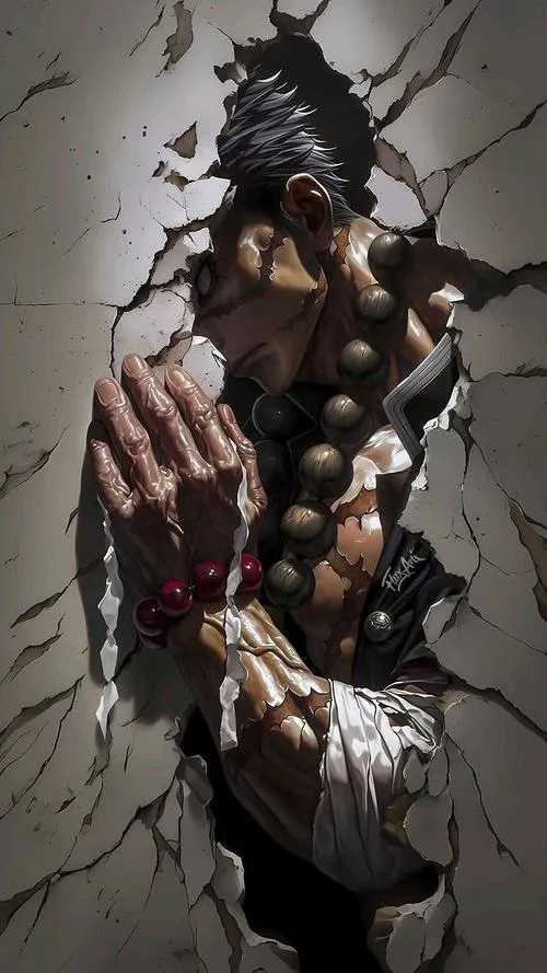 Ảnh Gyomei đứng trước tường nứt, bóng đổ dày, tràng hạt nổi, vibe trầm và u tối