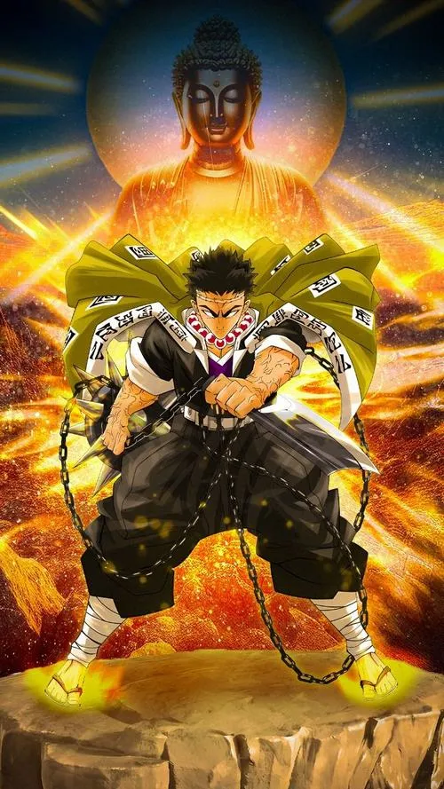 Hình nền Gyomei ngồi giữa hào quang vàng, dáng chắp tay trang nghiêm, cảm giác được bảo hộ