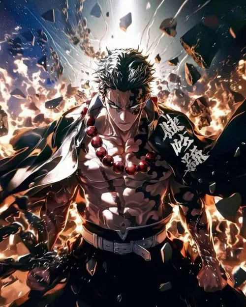 Ảnh 4K Gyomei gầm lên giữa bùng nổ tia lửa, cơ bắp nổi khối, sức mạnh áp đảo lan ra