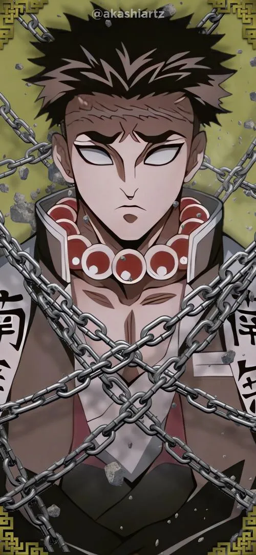 Ảnh 4K chân dung Gyomei với xích quấn ngực, sẹo trán rõ nét, ánh nhìn kiên định