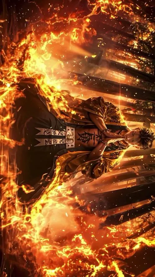 Hình anime vòng lửa cuộn như sức Nham, tông cam cháy, tạo cảm giác nặng lực và dữ dội