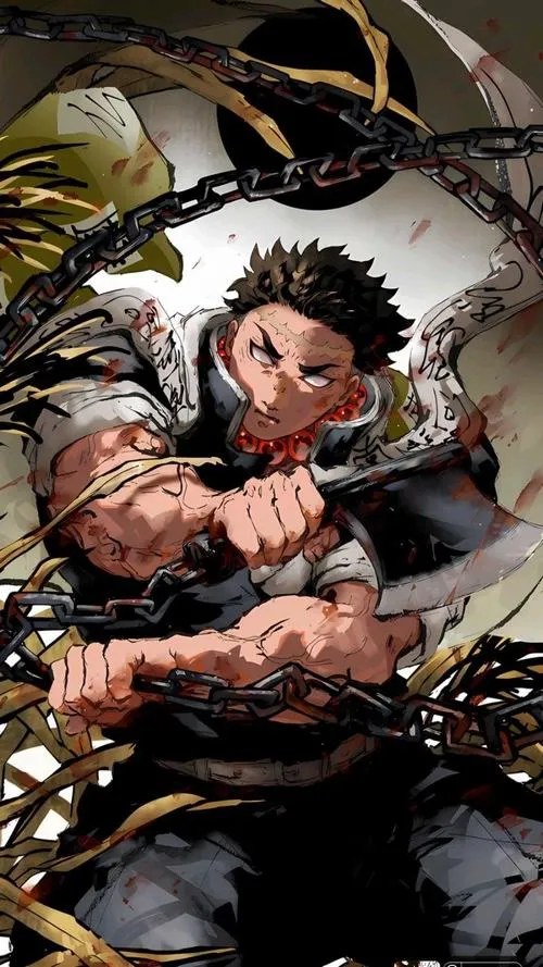 Ảnh ngầu Gyomei ngồi tựa vũ khí, nền tối tương phản, cơ bắp chắc, không khí căng thẳng