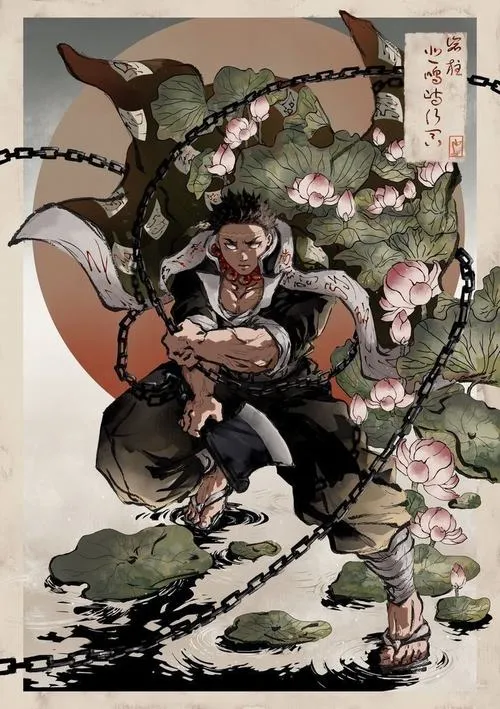 Hình Gyomei phong cách tranh mực, đứng giữa đá vỡ và hoa, vũ khí xích nổi bật rõ