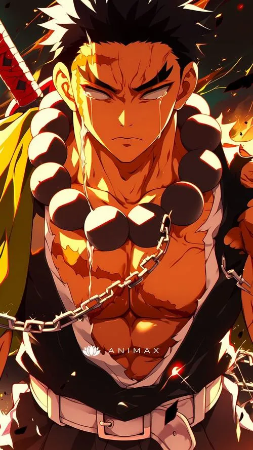 Ảnh Gyomei nửa thân rực cam, tràng hạt và xích sáng, thần thái nghiêm mà ấm áp