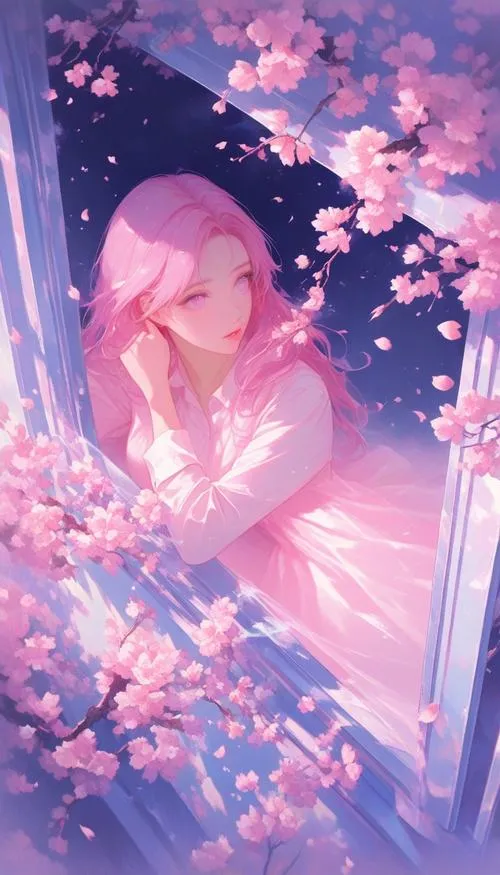 Nhân vật anime đứng trước nền hoàng hôn hồng cùng bokeh ánh sáng mềm