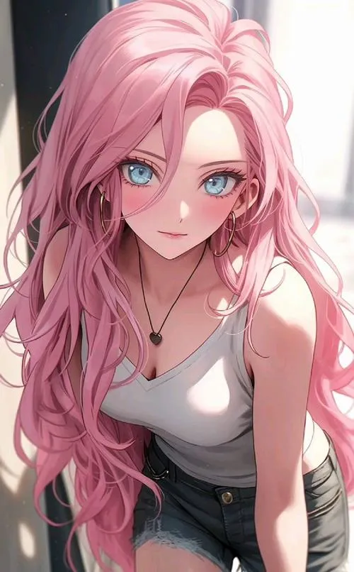 Nhân vật anime tóc hồng nhìn xa xăm giữa phố đêm neon đầy chill