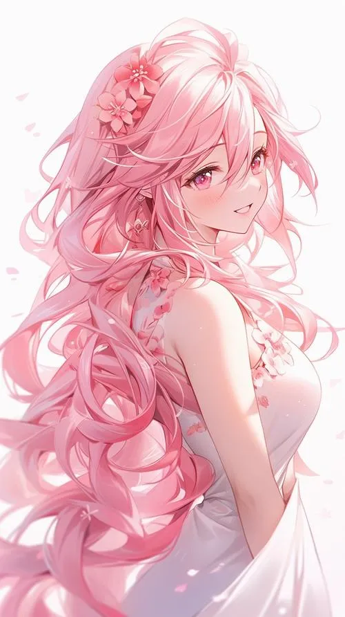 Nhìn nhân vật anime tóc hồng đứng giữa nền chuyển sắc khiến tim mềm lại