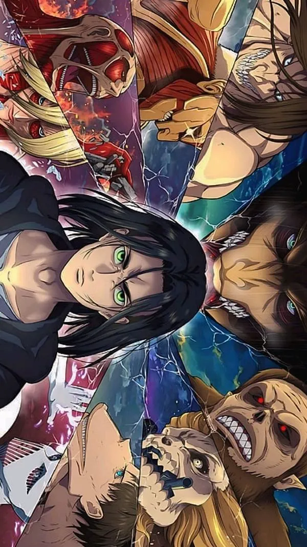 Ảnh bìa Attack on Titan collage nhân vật, biểu tượng đôi cánh tự do nổi rõ trên nền tương phản mạnh