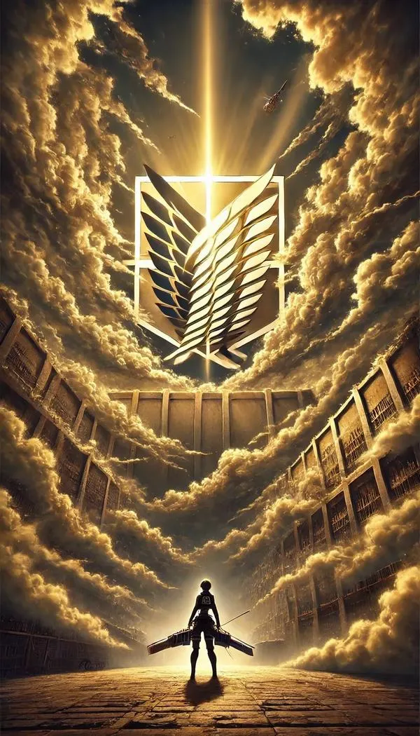 Hình nền Đại chiến Titan logo trinh sát vàng rực, tường thành sừng sững như cánh cửa dẫn tới tự do