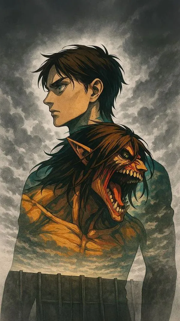 Hình Attack on Titan chân dung Eren trầm, nền xám chì và ánh nhìn kiên quyết giữa áp lực sinh tồn